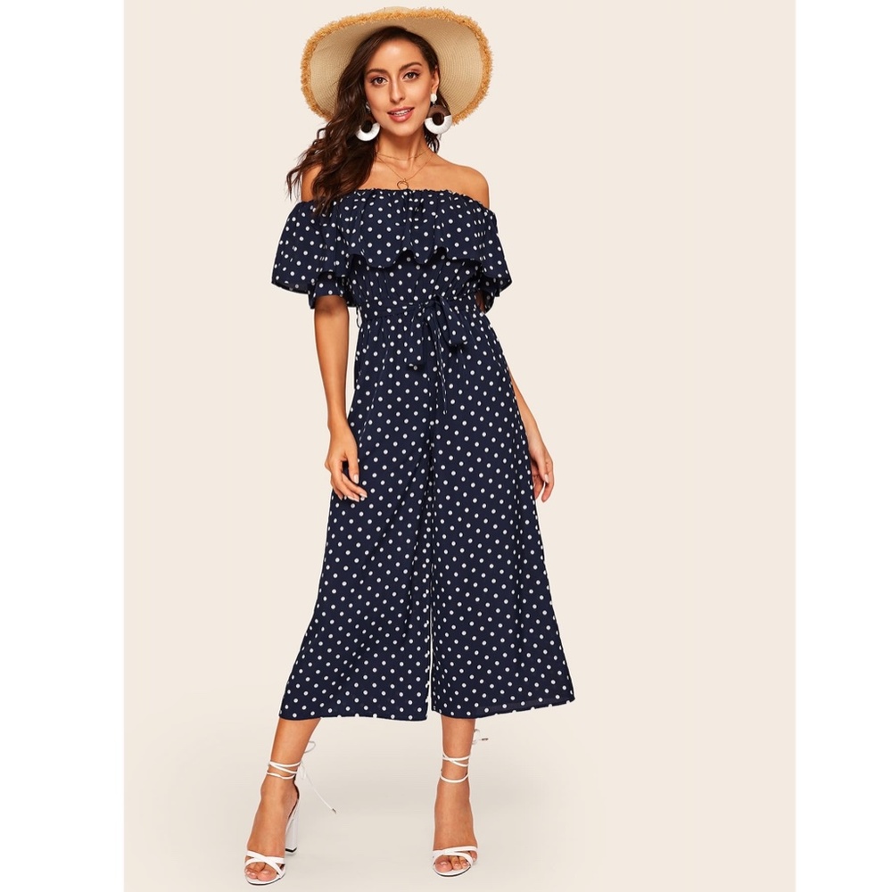Navy Blue Polka Dot Off Shoulder Belted Jumpsuit - Picture 2 of 7